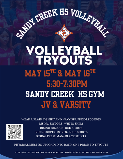 Volleyball Tryouts are 5/15-16, 5:30-7:30, in the SCHS gym.